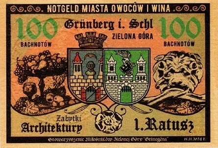 Notgeld<br>Zielona Góra<br>Ratusz<br>100 Bachnotów<br>komplet 6 sztuk<br>