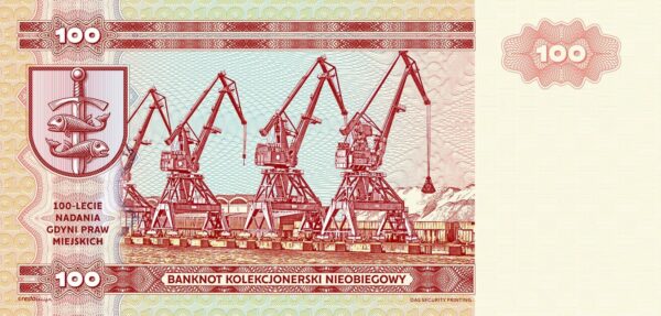 Gdynia 100 collector note reverse with port cranes